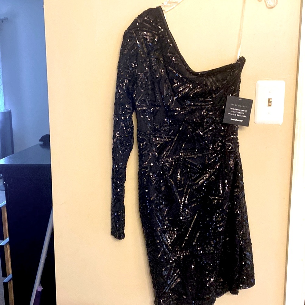 NWT Charlotte Russe Black beaded one sleeve dress Size M